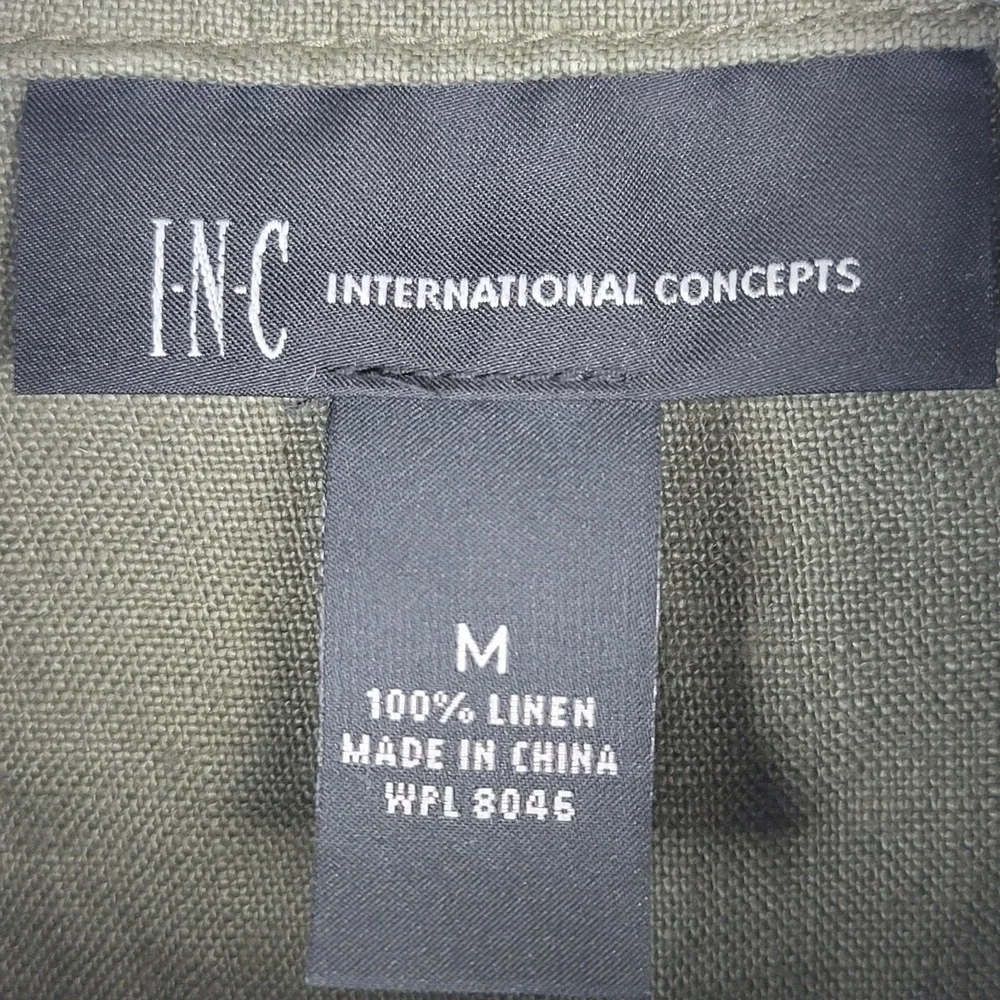 INC International Concepts Olive Green Linen Utility Jacket M Gold Zip Military‎